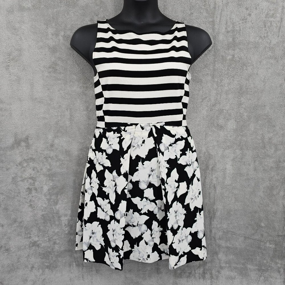 Rachel Roy Sheath Dress 12 Black White Striped Floral Mixed Media Print Tank Zip